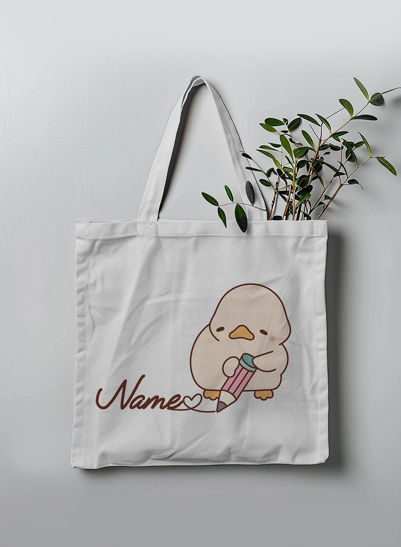 LOWHA Customizable Polyester Tote Bag with Shoulder Straps Personalized with Your Name and Duckling Design White - Image 3