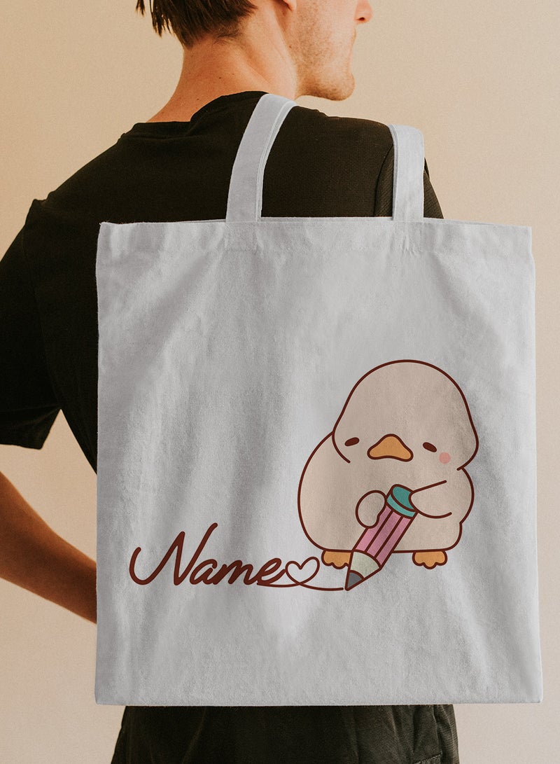 LOWHA Customizable Polyester Tote Bag with Shoulder Straps Personalized with Your Name and Duckling Design White - Image 5