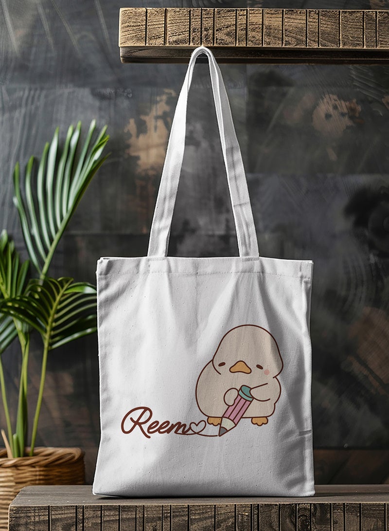 LOWHA Customizable Polyester Tote Bag with Shoulder Straps Personalized with Your Name and Duckling Design White - Image 4