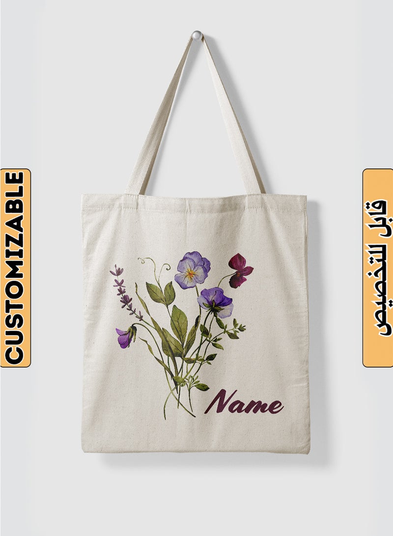 لوحة حقيبة يد بأحزمة كتف من البوليستر باسم قابل للتخصيص بتصميم زهور بيج - Image 1