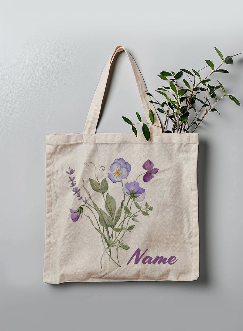 لوحة حقيبة يد بأحزمة كتف من البوليستر باسم قابل للتخصيص بتصميم زهور بيج - Image 3