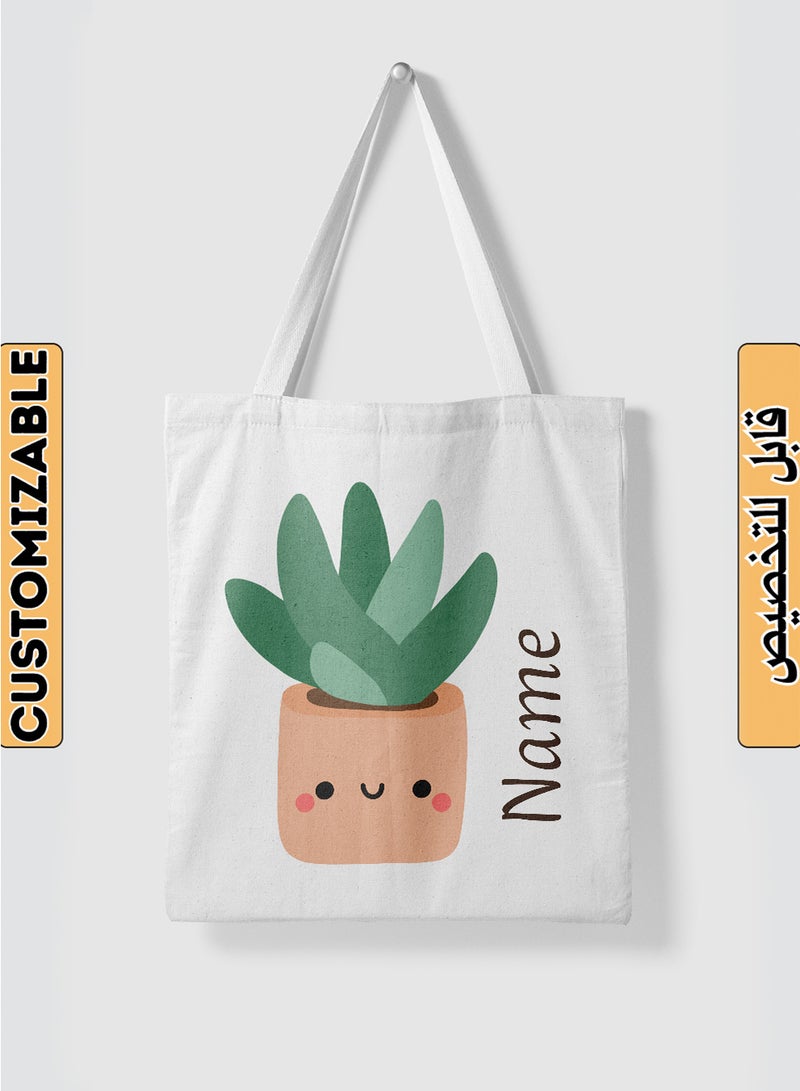 LOWHA Customizable Polyester Tote Bag with Shoulder Straps Personalized with Your Name and Cactus Design White - Image 1