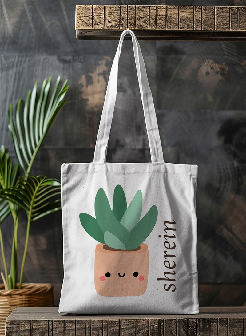 LOWHA Customizable Polyester Tote Bag with Shoulder Straps Personalized with Your Name and Cactus Design White - Image 4
