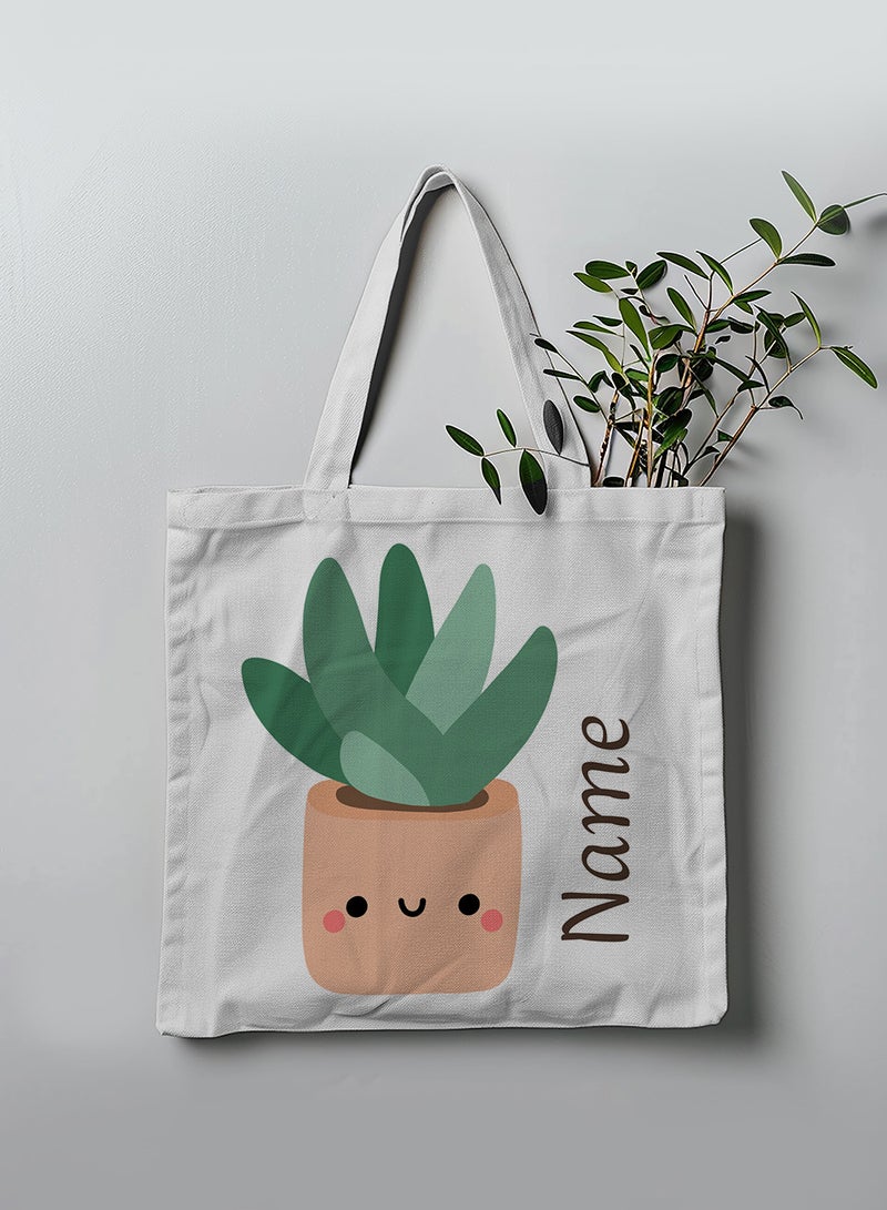 LOWHA Customizable Polyester Tote Bag with Shoulder Straps Personalized with Your Name and Cactus Design White - Image 3