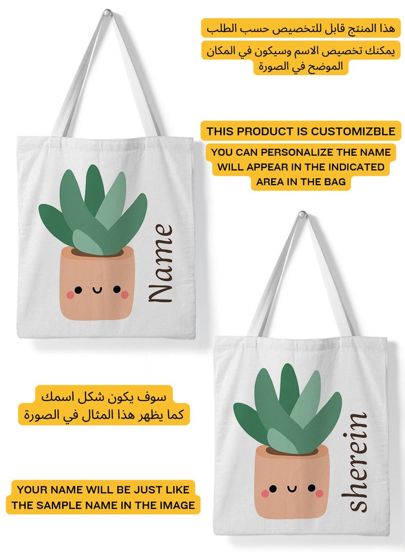 LOWHA Customizable Polyester Tote Bag with Shoulder Straps Personalized with Your Name and Cactus Design White - Image 2