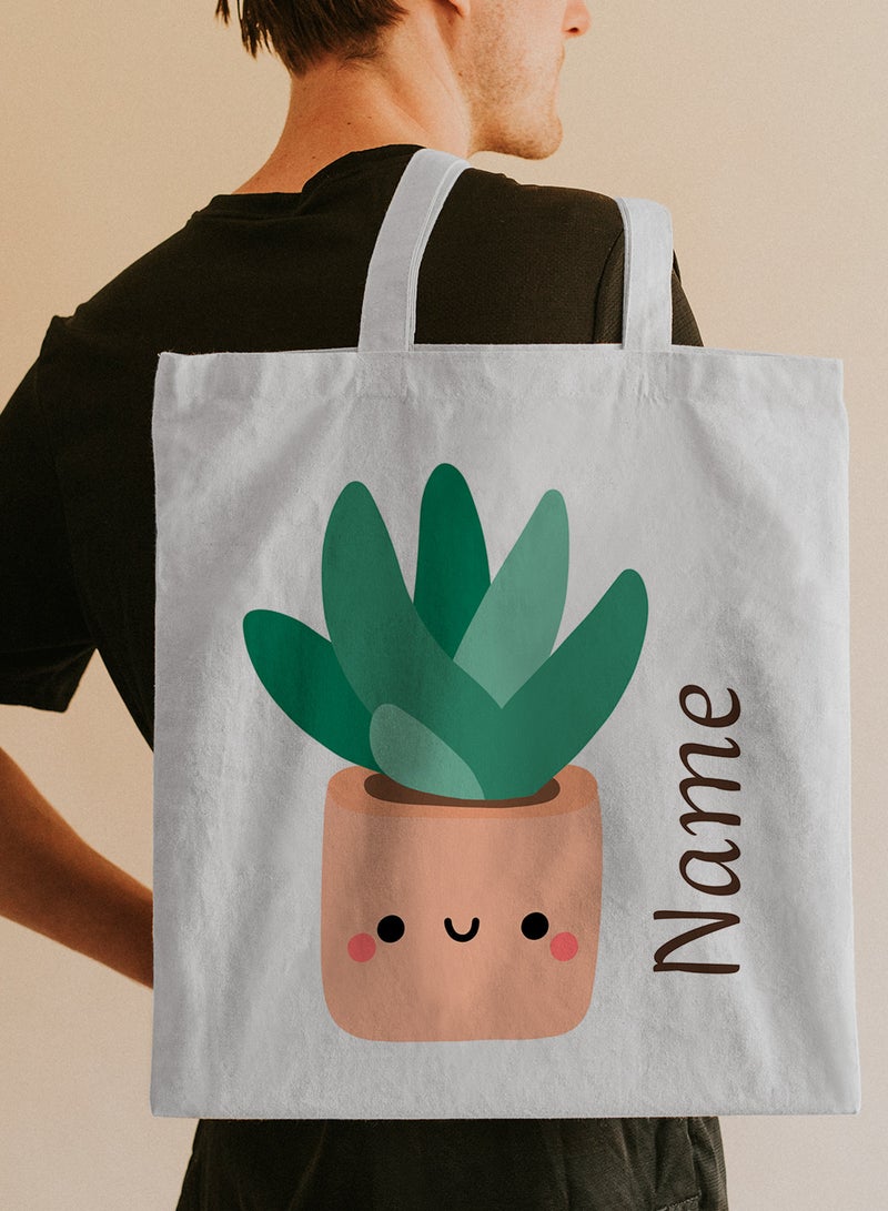 LOWHA Customizable Polyester Tote Bag with Shoulder Straps Personalized with Your Name and Cactus Design White - Image 5