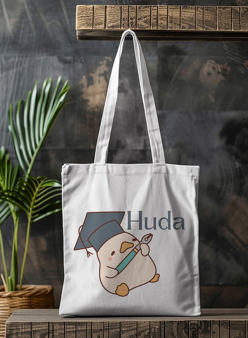 LOWHA Customizable Polyester Tote Bag with Shoulder Straps Personalized with Your Name and Duckling Design White - Image 4