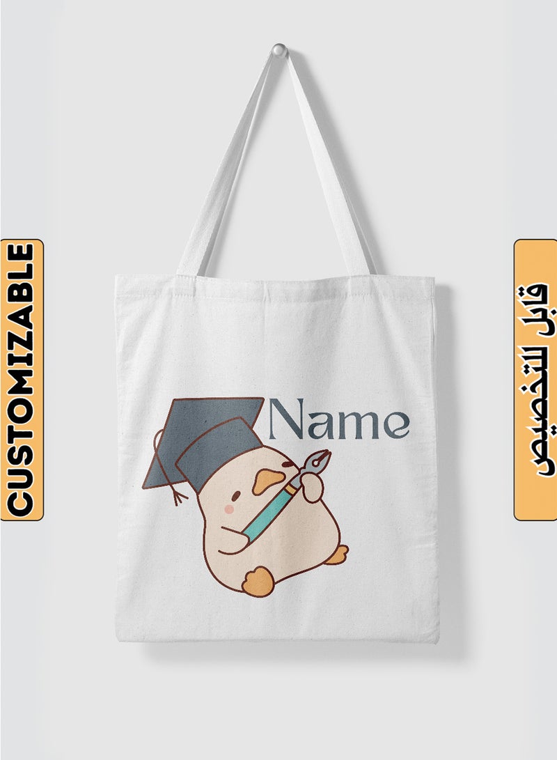 LOWHA Customizable Polyester Tote Bag with Shoulder Straps Personalized with Your Name and Duckling Design White - Image 1