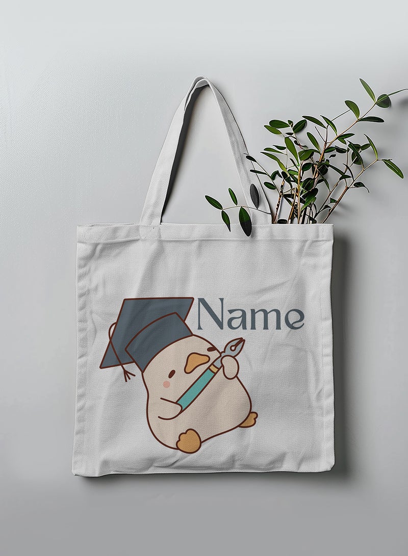 LOWHA Customizable Polyester Tote Bag with Shoulder Straps Personalized with Your Name and Duckling Design White - Image 3