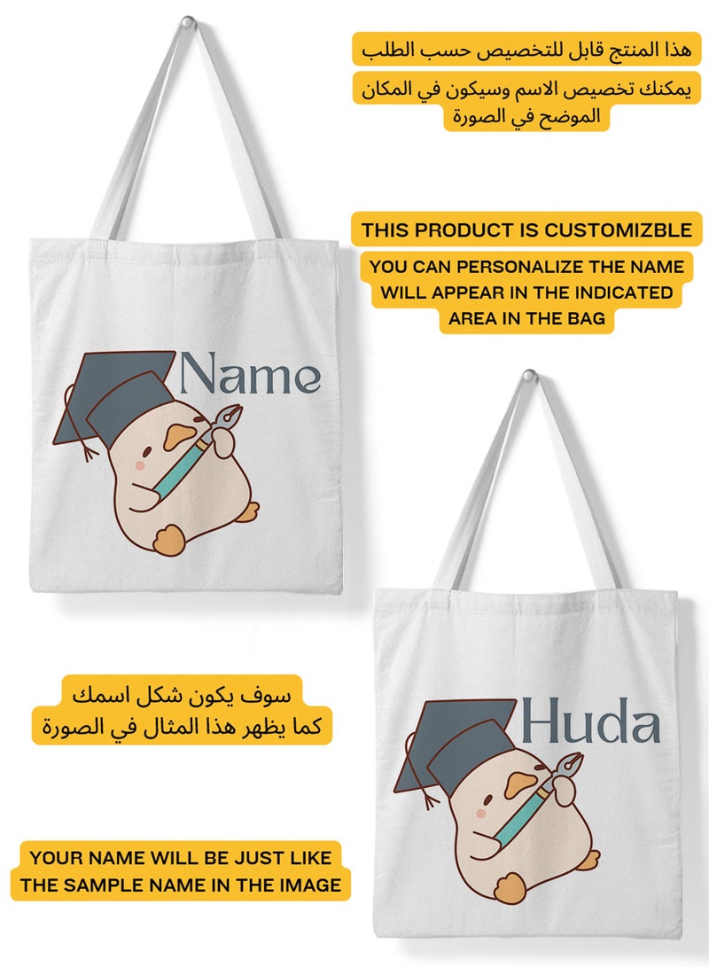 LOWHA Customizable Polyester Tote Bag with Shoulder Straps Personalized with Your Name and Duckling Design White - Image 2