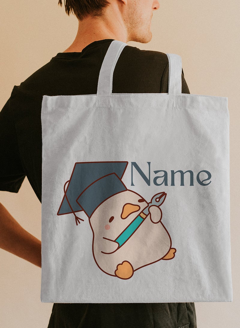 LOWHA Customizable Polyester Tote Bag with Shoulder Straps Personalized with Your Name and Duckling Design White - Image 5