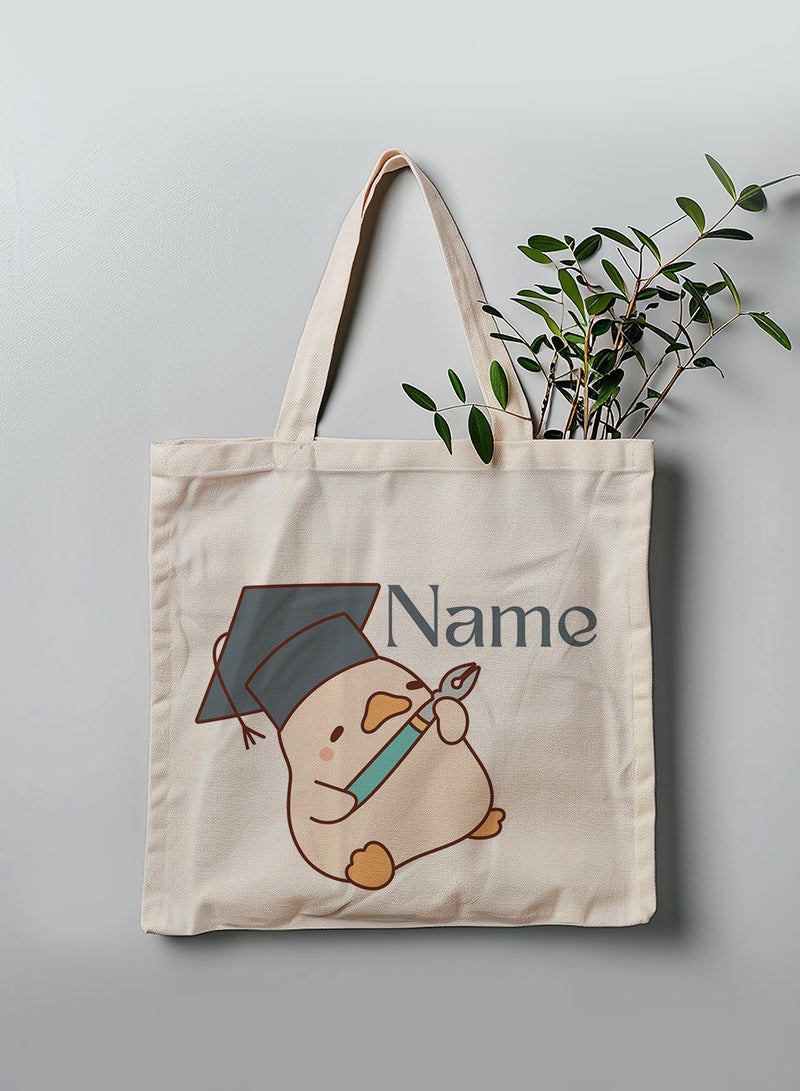 LOWHA Customizable Polyester Tote Bag with Shoulder Straps Personalized with Your Name and Duckling Design Beige - Image 3