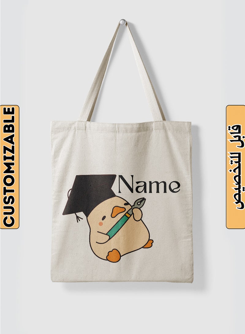 LOWHA Customizable Polyester Tote Bag with Shoulder Straps Personalized with Your Name and Duckling Design Beige - Image 1