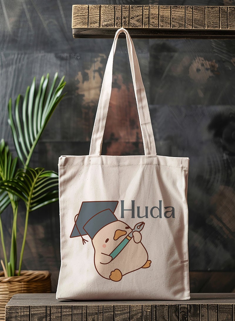 LOWHA Customizable Polyester Tote Bag with Shoulder Straps Personalized with Your Name and Duckling Design Beige - Image 4