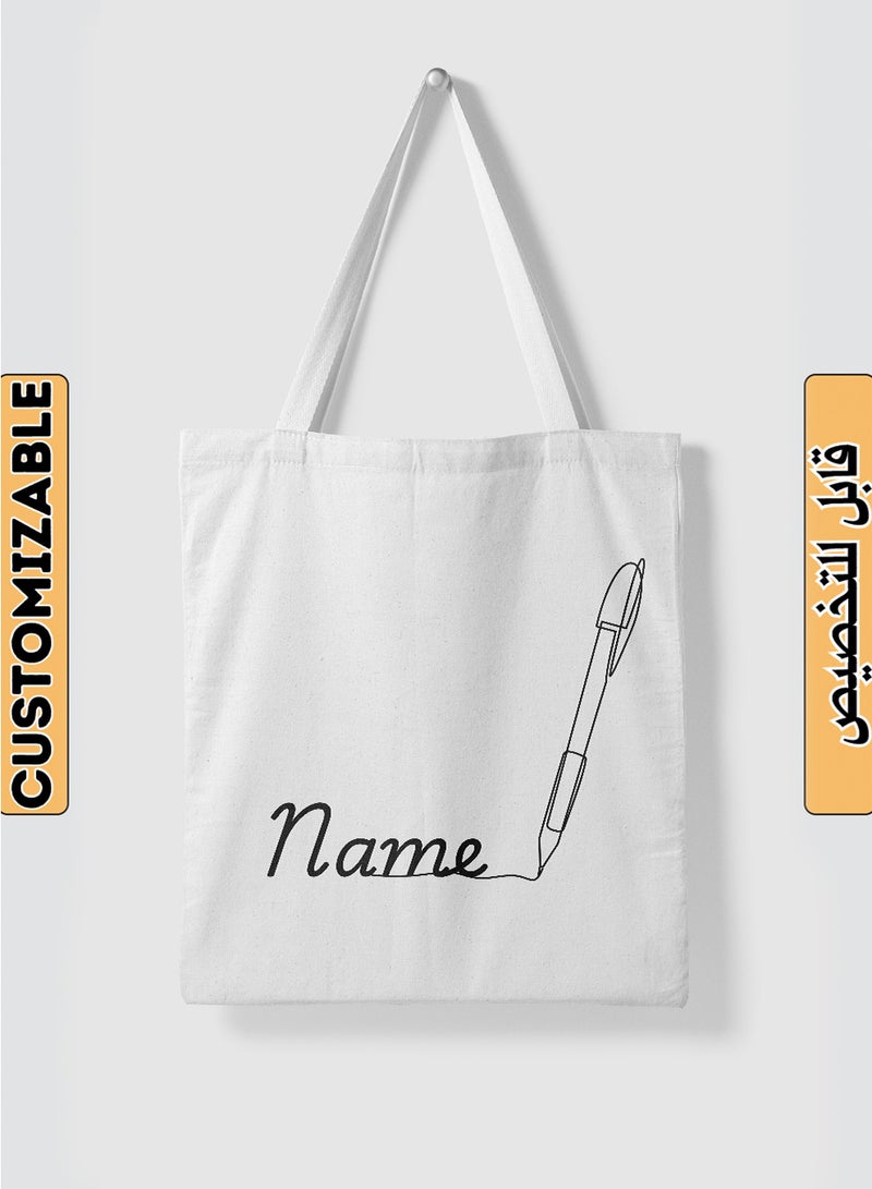 LOWHA Customizable Polyester Tote Bag with Shoulder Straps Personalized with Your Name and Pen Design White - Image 1
