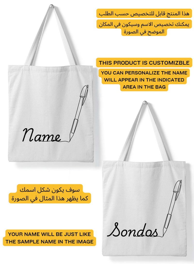 LOWHA Customizable Polyester Tote Bag with Shoulder Straps Personalized with Your Name and Pen Design White - Image 2
