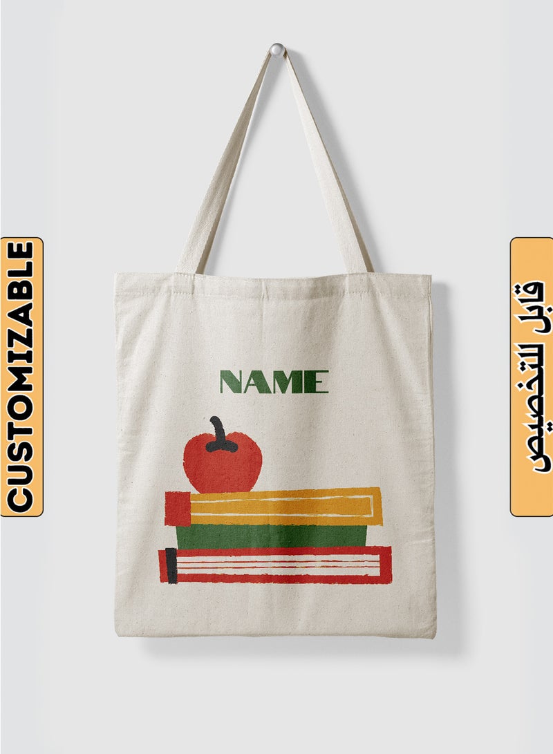 LOWHA Customizable Polyester Tote Bag with Shoulder Straps Personalized with Your Name and Books Design Beige - Image 1