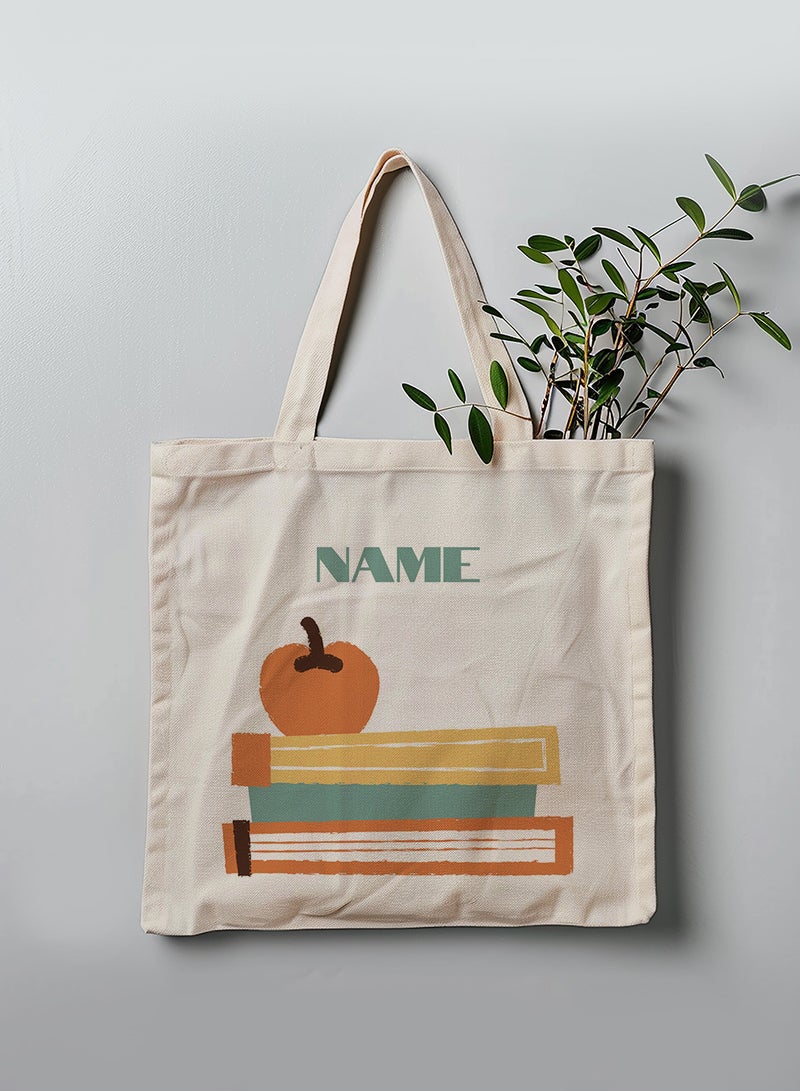 LOWHA Customizable Polyester Tote Bag with Shoulder Straps Personalized with Your Name and Books Design Beige - Image 3