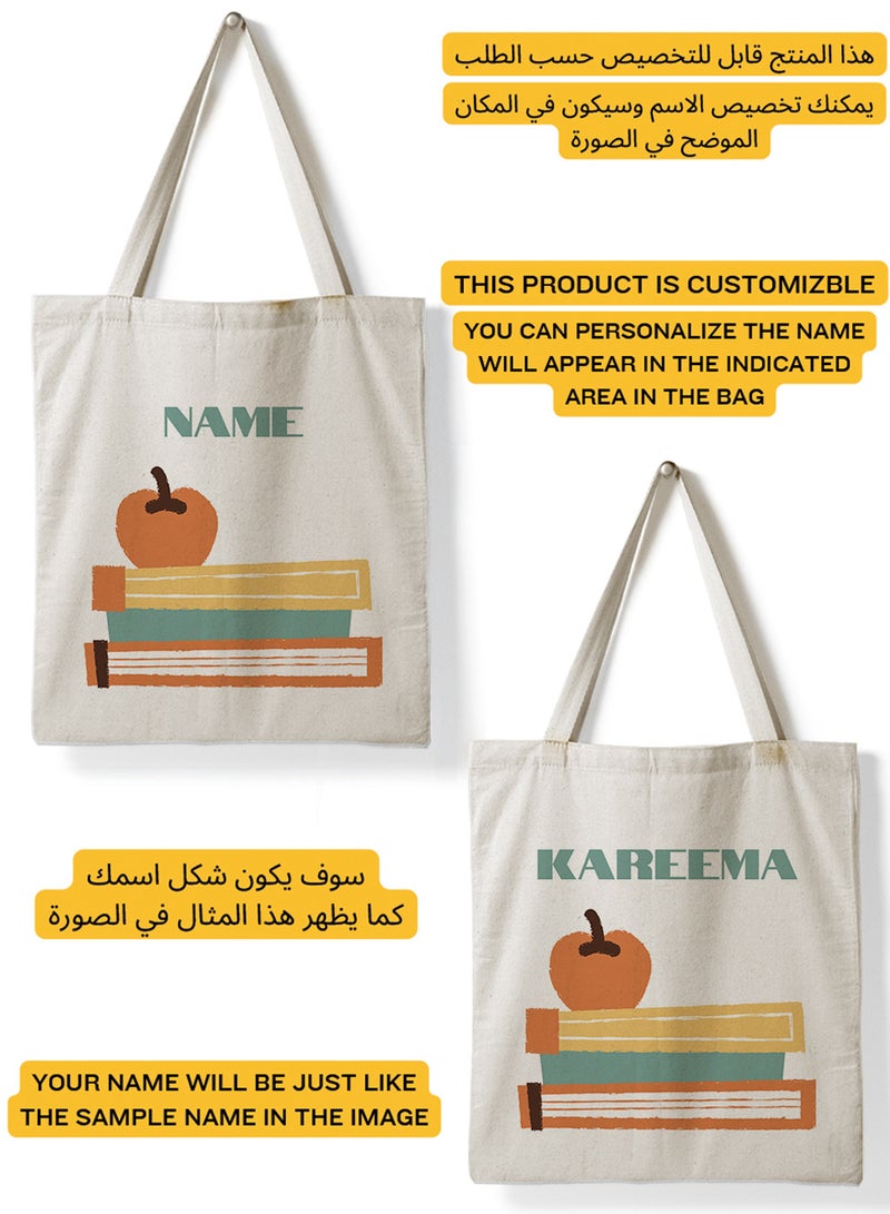 LOWHA Customizable Polyester Tote Bag with Shoulder Straps Personalized with Your Name and Books Design Beige - Image 2