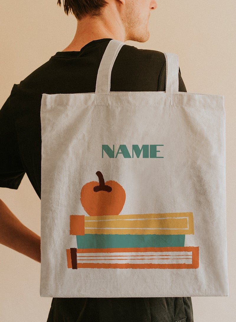 LOWHA Customizable Polyester Tote Bag with Shoulder Straps Personalized with Your Name and Books Design Beige - Image 5