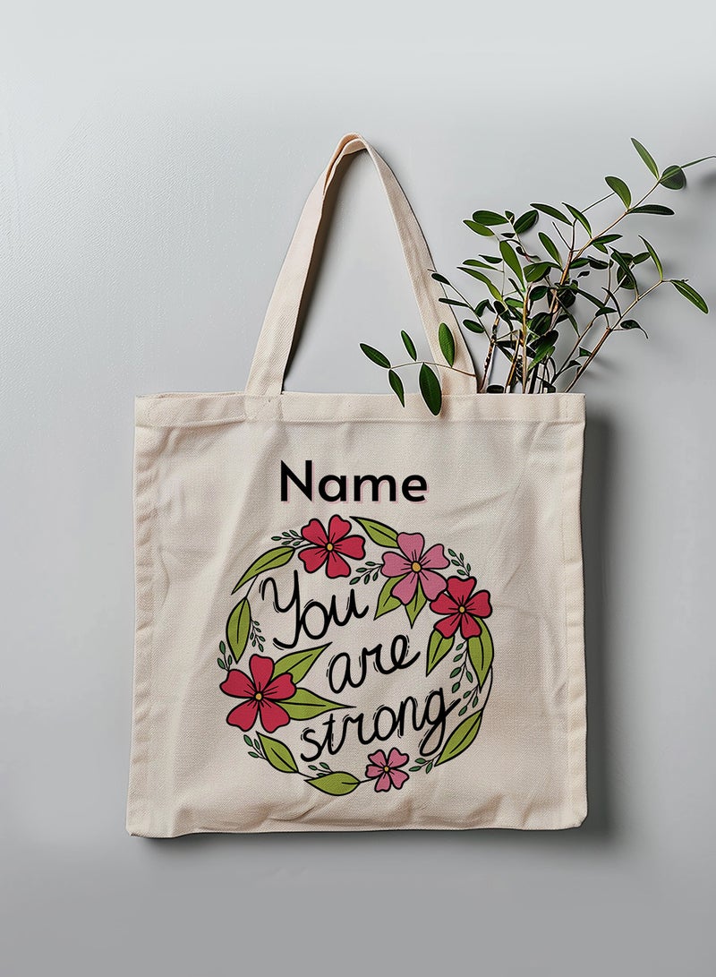 لوحة حقيبة يد بأحزمة كتف من البوليستر باسم قابل للتخصيص بتصميم انتى قوية بيج - Image 3