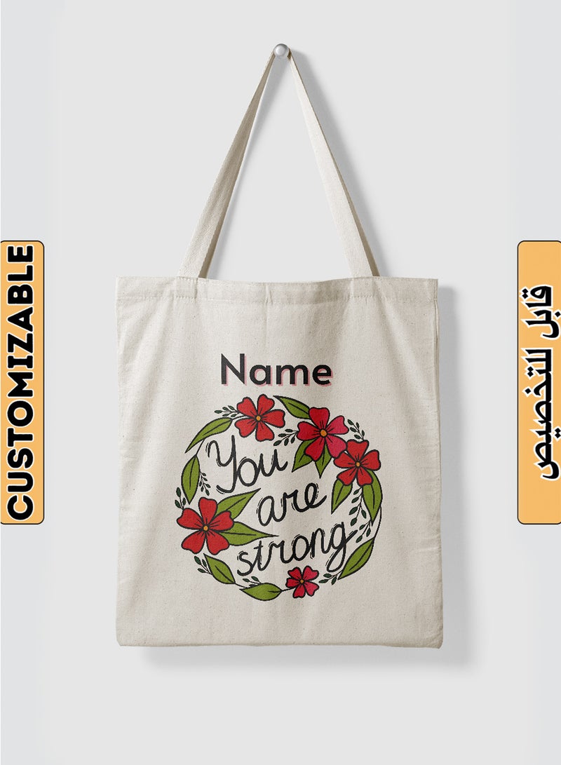 لوحة حقيبة يد بأحزمة كتف من البوليستر باسم قابل للتخصيص بتصميم انتى قوية بيج - Image 1