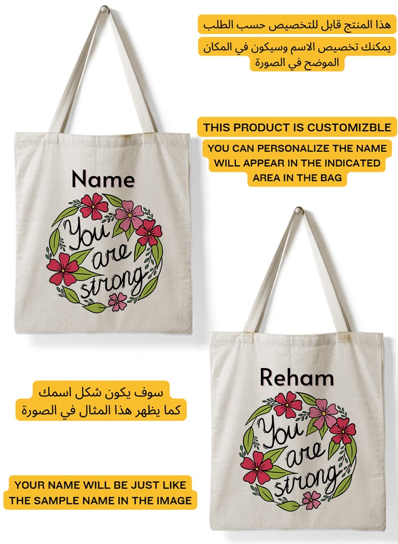 لوحة حقيبة يد بأحزمة كتف من البوليستر باسم قابل للتخصيص بتصميم انتى قوية بيج - Image 2