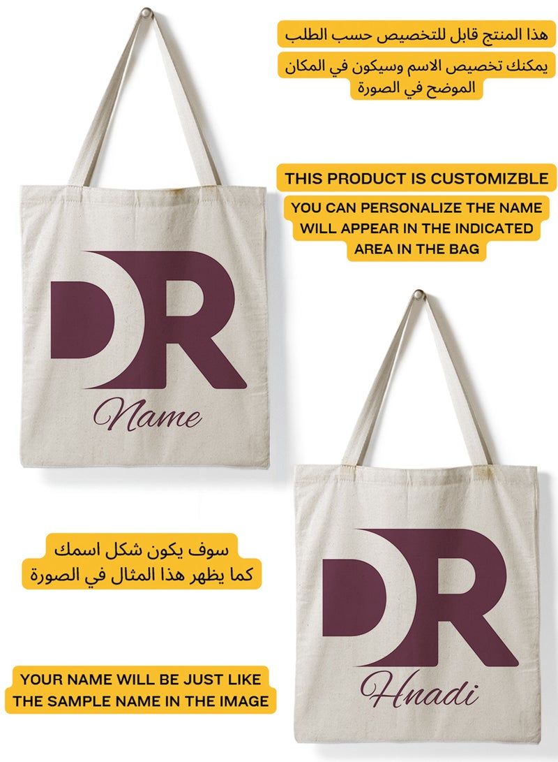 LOWHA Customizable Polyester Tote Bag with Shoulder Straps Personalized with Doctor Name and DR Design Beige - Image 2