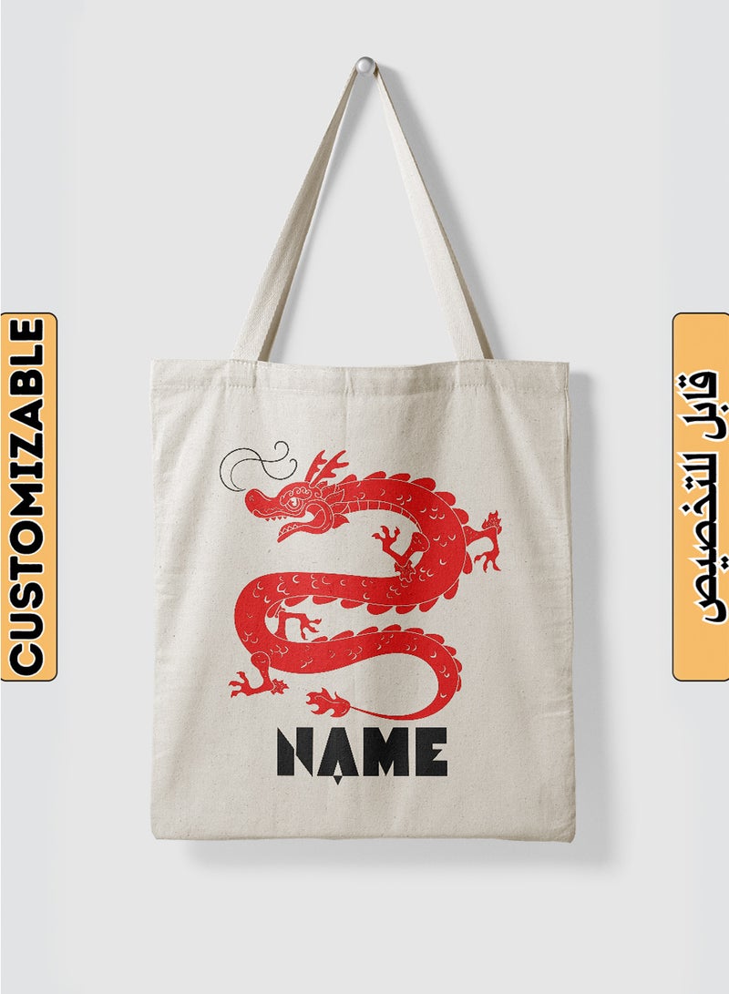 LOWHA Customizable Polyester Tote Bag with Shoulder Straps Personalized with Your Name and Dragon Design Beige - Image 1