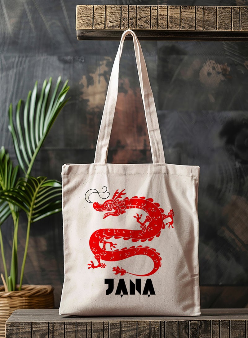 LOWHA Customizable Polyester Tote Bag with Shoulder Straps Personalized with Your Name and Dragon Design Beige - Image 4