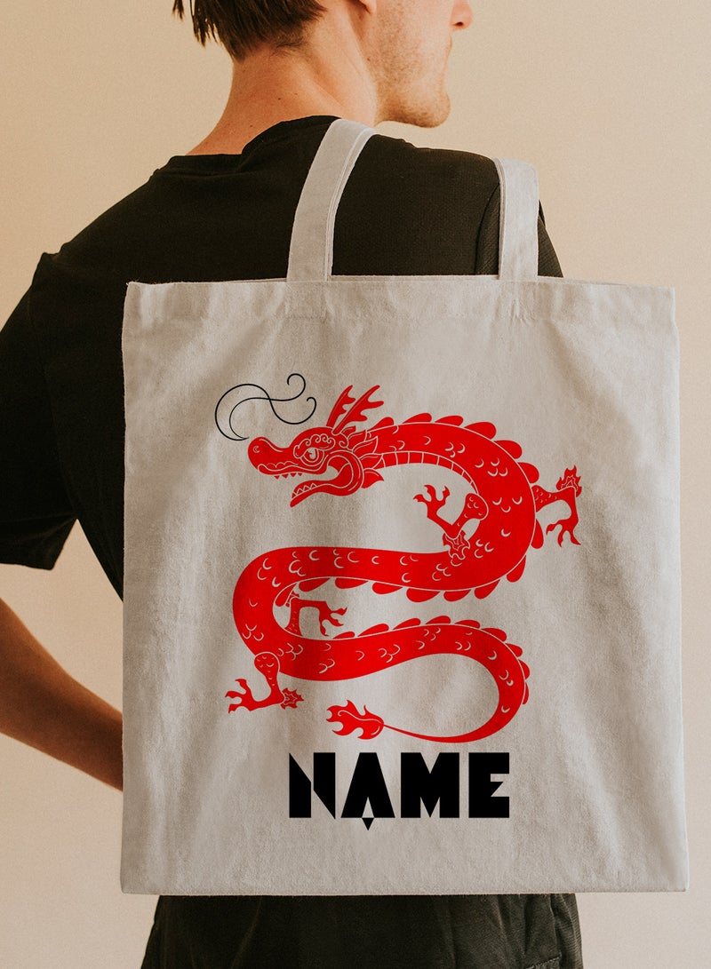 LOWHA Customizable Polyester Tote Bag with Shoulder Straps Personalized with Your Name and Dragon Design Beige - Image 5