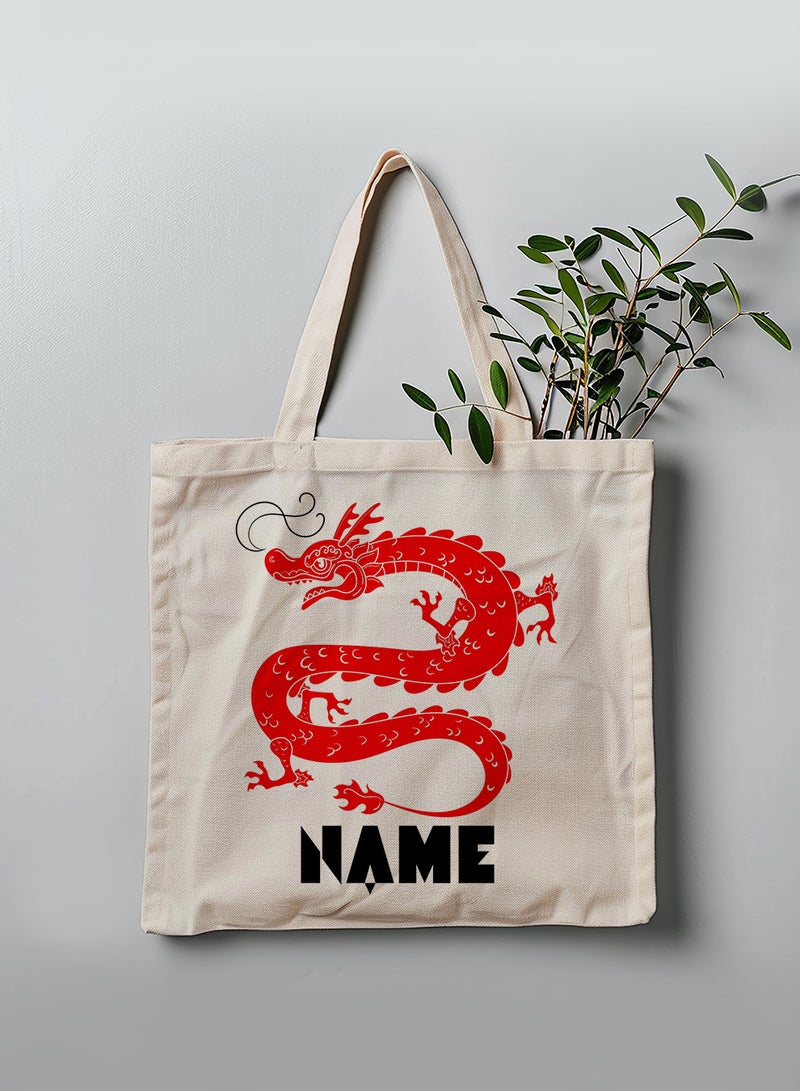 LOWHA Customizable Polyester Tote Bag with Shoulder Straps Personalized with Your Name and Dragon Design Beige - Image 3