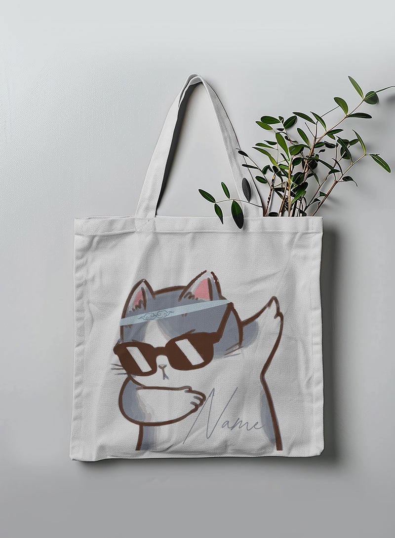 LOWHA Customizable Polyester Tote Bag with Shoulder Straps Personalized with Your Name and Cat With Glasses Design White - Image 3