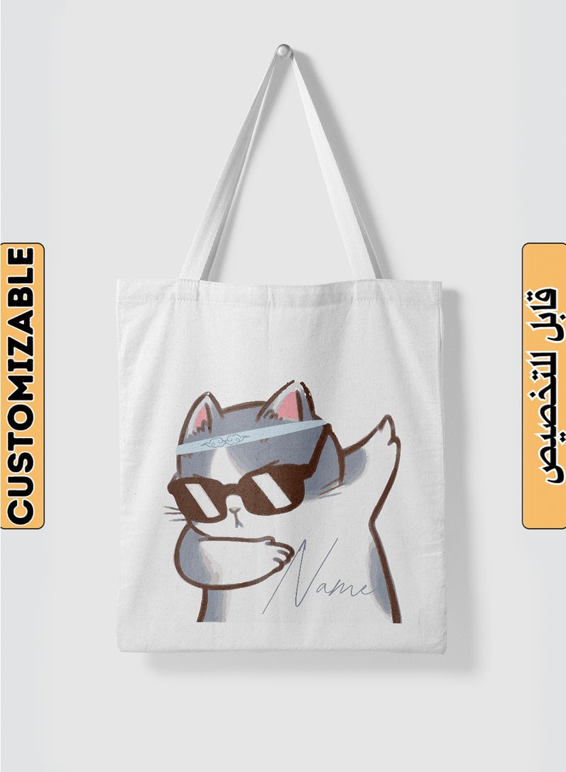 LOWHA Customizable Polyester Tote Bag with Shoulder Straps Personalized with Your Name and Cat With Glasses Design White - Image 1