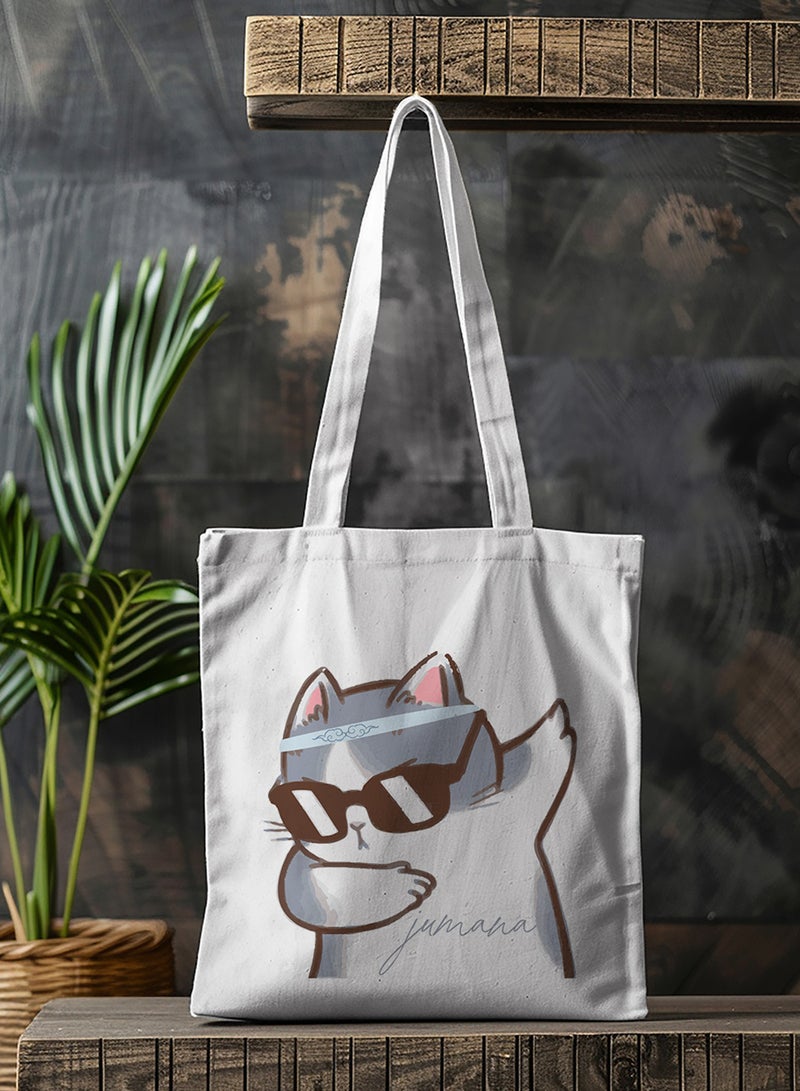 LOWHA Customizable Polyester Tote Bag with Shoulder Straps Personalized with Your Name and Cat With Glasses Design White - Image 4