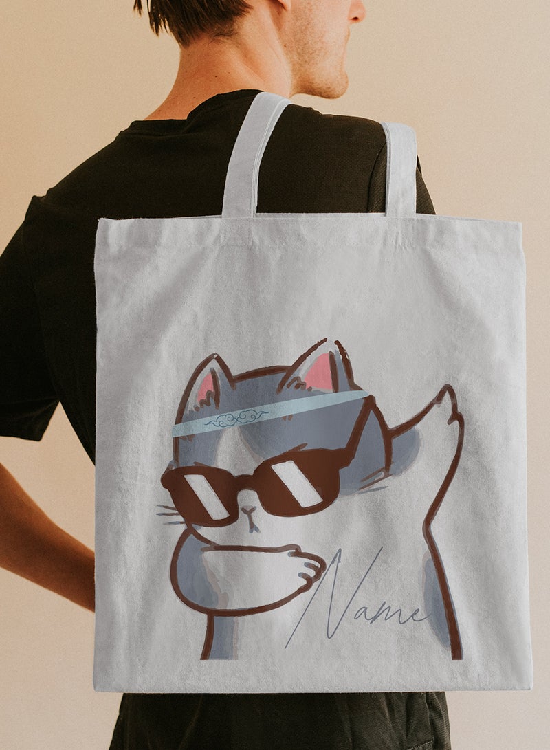 LOWHA Customizable Polyester Tote Bag with Shoulder Straps Personalized with Your Name and Cat With Glasses Design White - Image 5