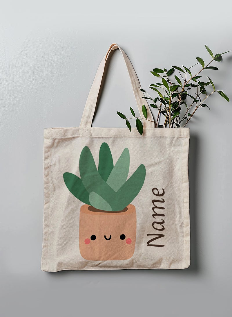 LOWHA Customizable Polyester Tote Bag with Shoulder Straps Personalized with Your Name and Cactus Design Beige - Image 3