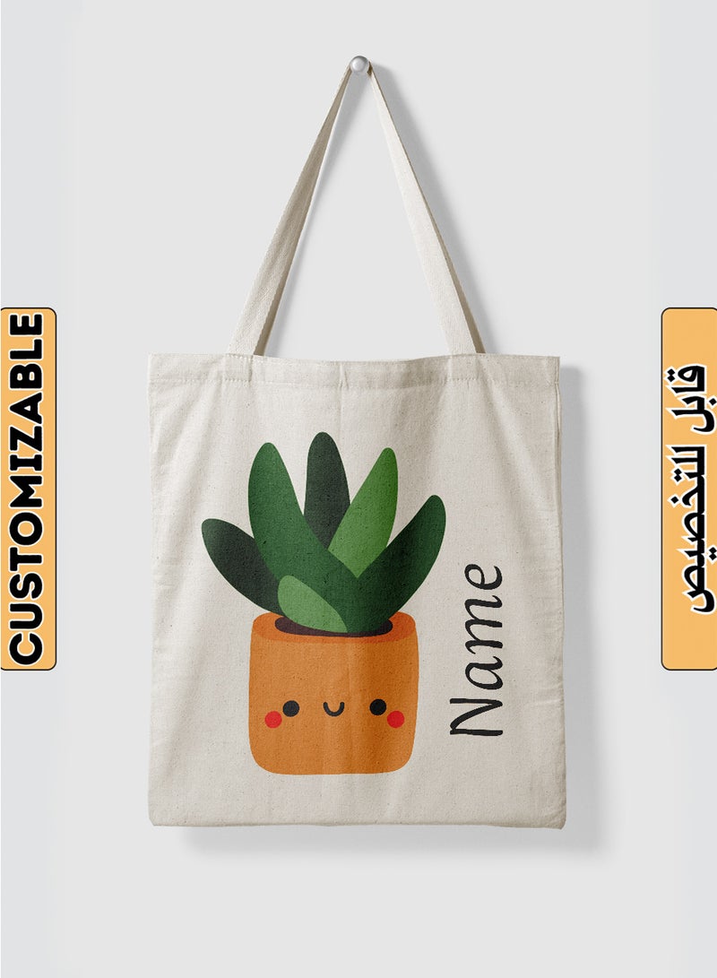 LOWHA Customizable Polyester Tote Bag with Shoulder Straps Personalized with Your Name and Cactus Design Beige - Image 1