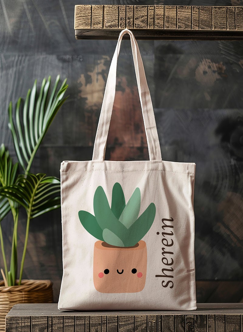 LOWHA Customizable Polyester Tote Bag with Shoulder Straps Personalized with Your Name and Cactus Design Beige - Image 4