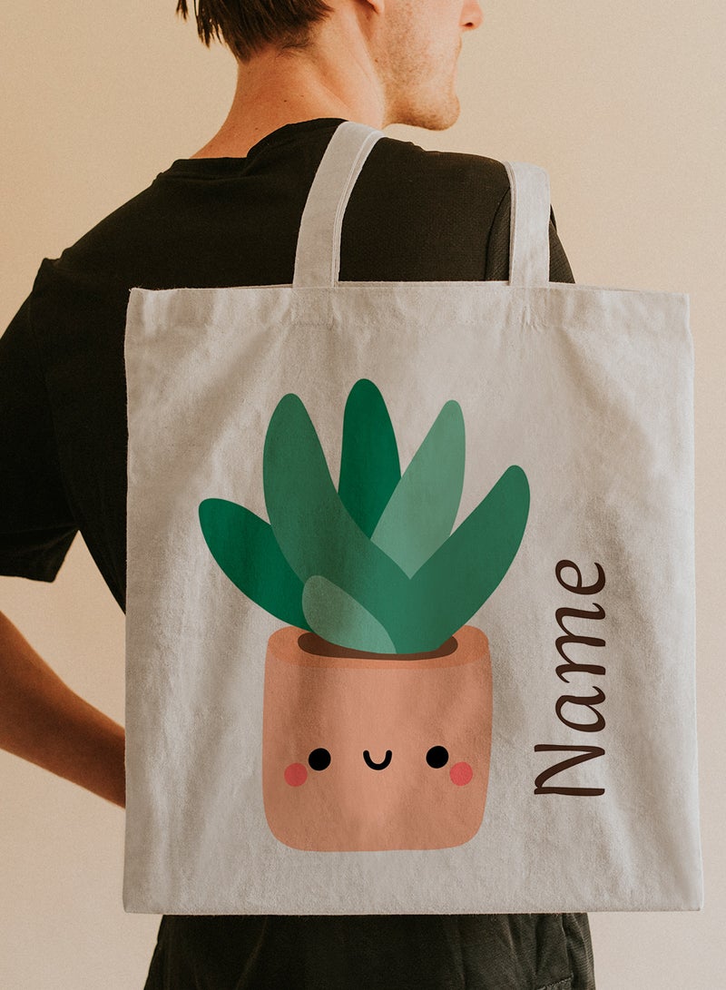 LOWHA Customizable Polyester Tote Bag with Shoulder Straps Personalized with Your Name and Cactus Design Beige - Image 5