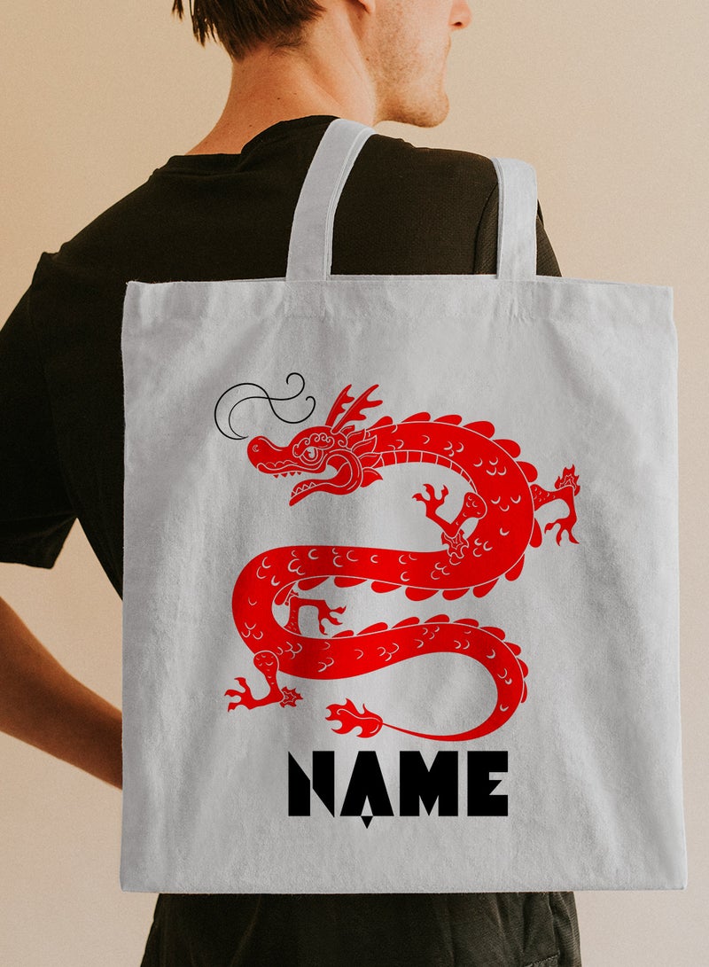 LOWHA Customizable Polyester Tote Bag with Shoulder Straps Personalized with Your Name and Dragon Design White - Image 5