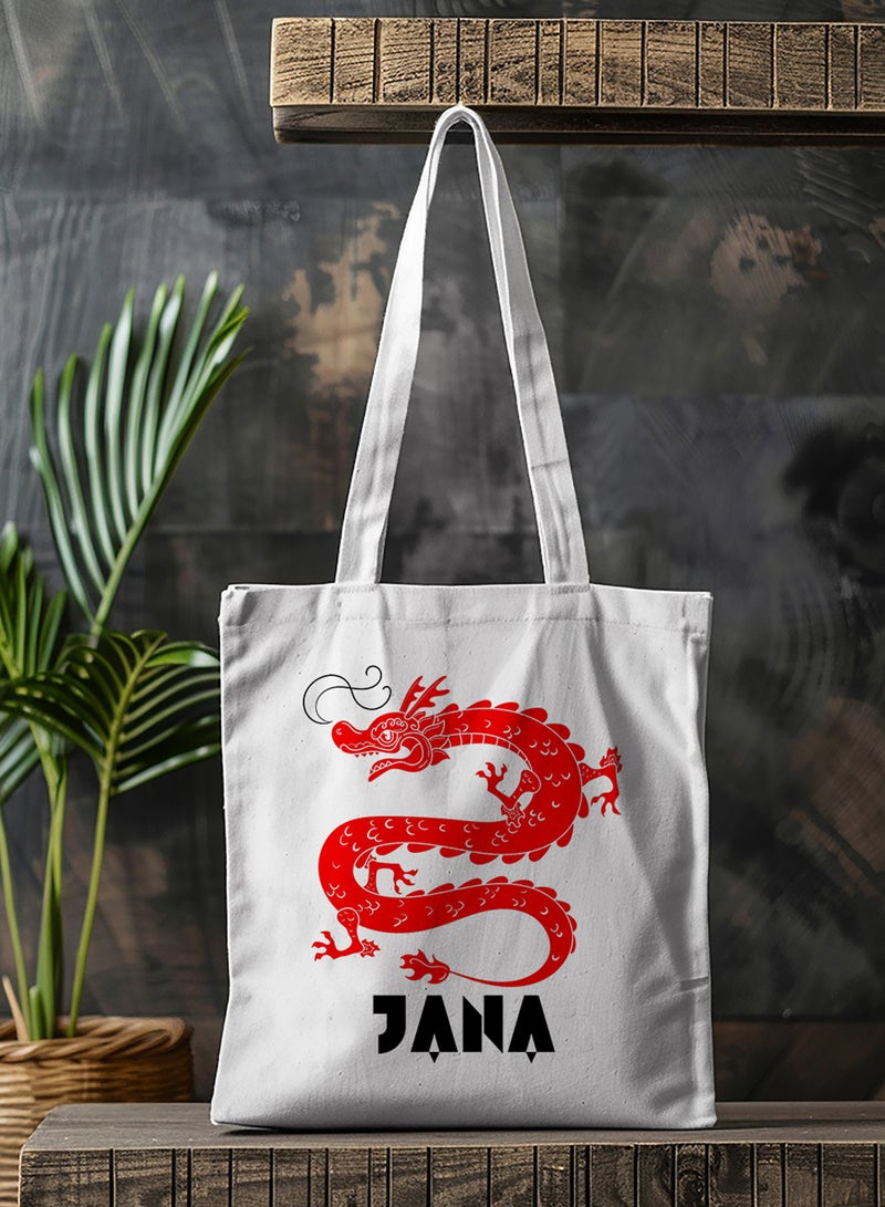 LOWHA Customizable Polyester Tote Bag with Shoulder Straps Personalized with Your Name and Dragon Design White - Image 4