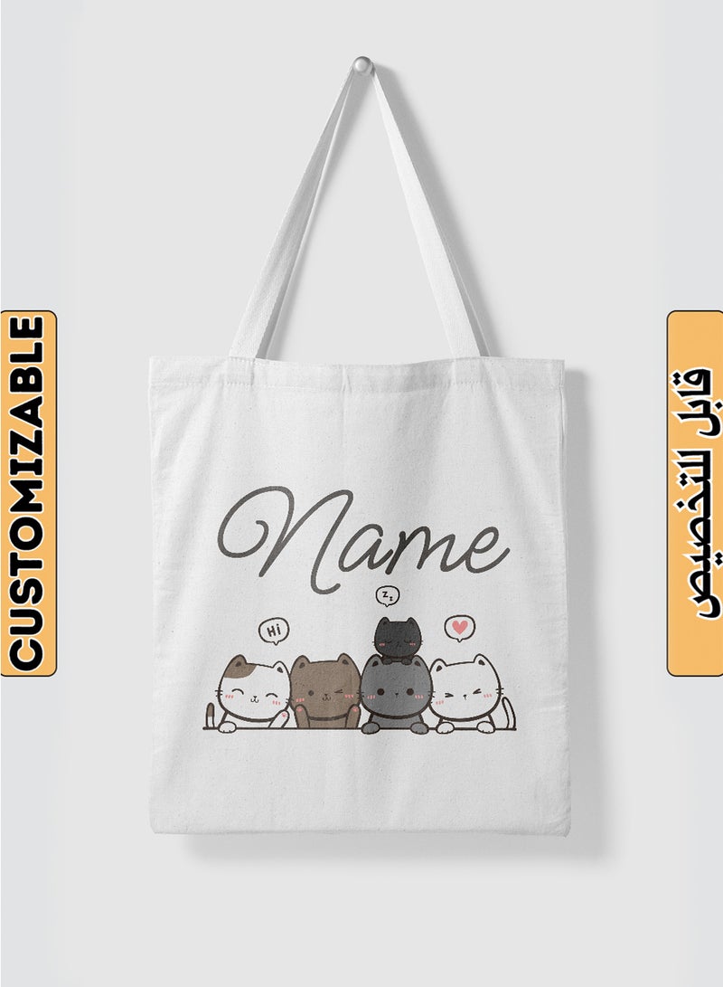 لوحة حقيبة يد بأحزمة كتف من البوليستر باسم قابل للتخصيص بتصميم قطط أبيض - Image 1