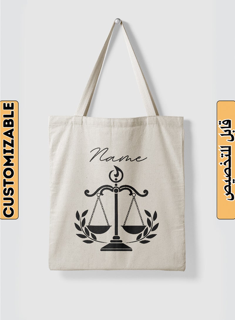 LOWHA Customizable Polyester Tote Bag with Shoulder Straps Personalized with Lawyer Name and Scales of Justice Symbol Beige  - Image 1