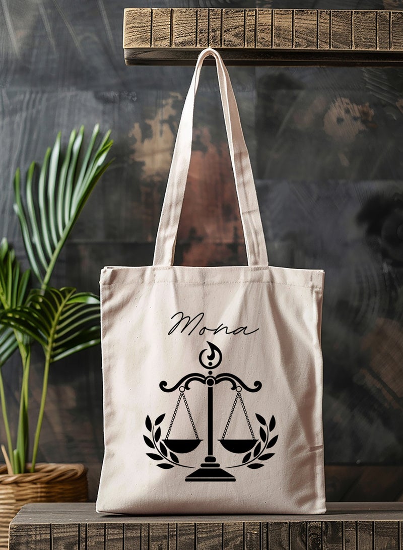 LOWHA Customizable Polyester Tote Bag with Shoulder Straps Personalized with Lawyer Name and Scales of Justice Symbol Beige  - Image 4