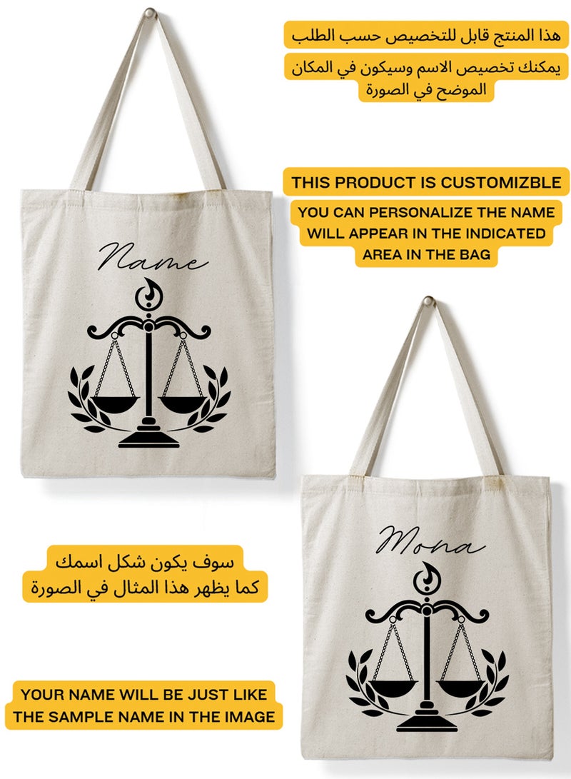 LOWHA Customizable Polyester Tote Bag with Shoulder Straps Personalized with Lawyer Name and Scales of Justice Symbol Beige  - Image 2