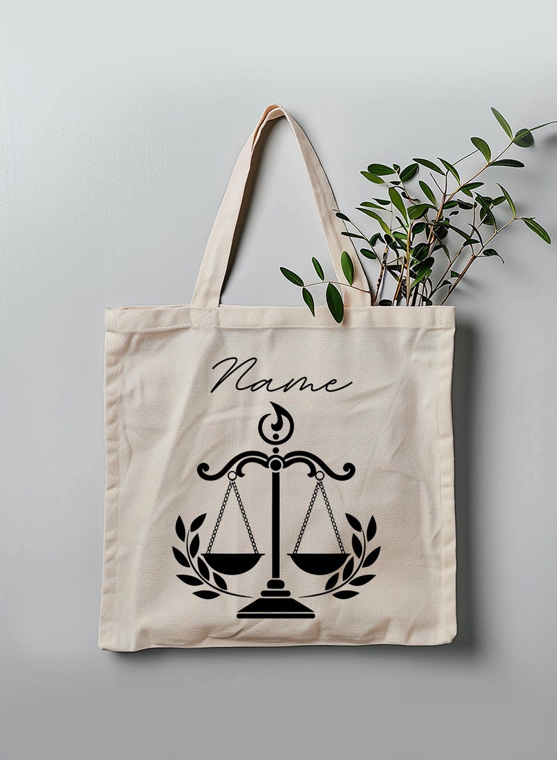 LOWHA Customizable Polyester Tote Bag with Shoulder Straps Personalized with Lawyer Name and Scales of Justice Symbol Beige  - Image 3