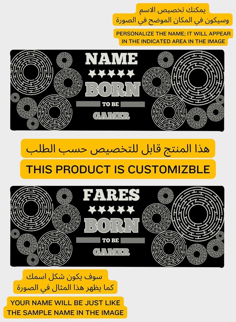 LOWHA - Customizable Desk Pad Rubber Desk Mat with Personalized Name and Born To Be Gamer Design on Premium Polyester Black/White/Grey - Image 1