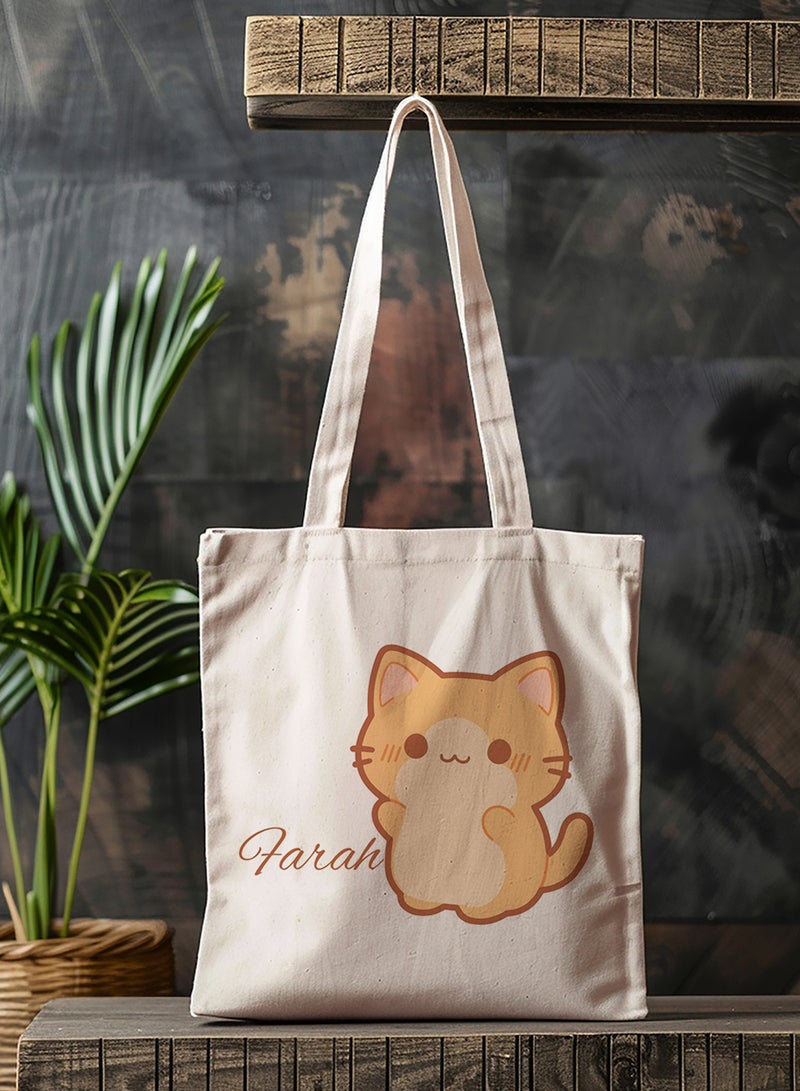 لوحة حقيبة يد بأحزمة كتف من البوليستر باسم قابل للتخصيص بتصميم قطة بيج - Image 4