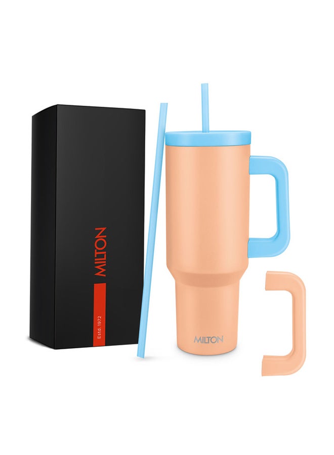 Milton 40 oz Tumbler with Dual Removable Handles and Straws, Double Walled Vacuum Insulated Travel Mug, Keeps Drinks Hot for 12 Hours, Cold for 24 Hours, Stainless Steel Water Bottle, Venus, Peach Peach